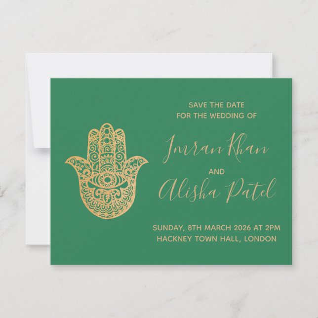 Invitación de boda Desi verde oro hamsa Henna (Anverso)