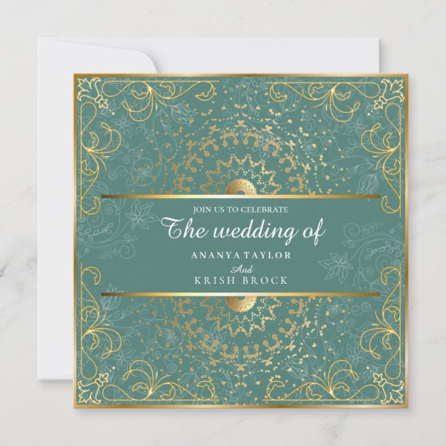 Invitación de boda deslumbrante verde y dorada (Anverso)