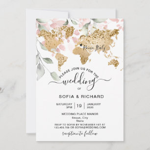 Invitación de boda Destino Dorado Mapa Mundial Cor