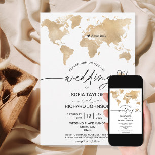Invitación de boda Destino Oro Mapa Mundial Corazó