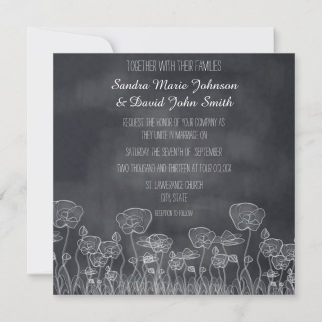 Invitación de boda dibujada a mano con amapolas en (Anverso)