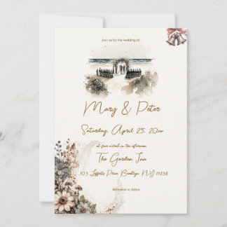 Invitación de boda dibujada a mano floral playa