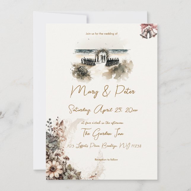 Invitación de boda dibujada a mano floral playa (Anverso)