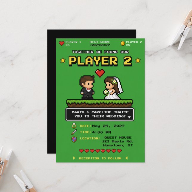 Invitación de Boda Divertida de Videojuego Retro V (Anverso/Reverso In Situ)