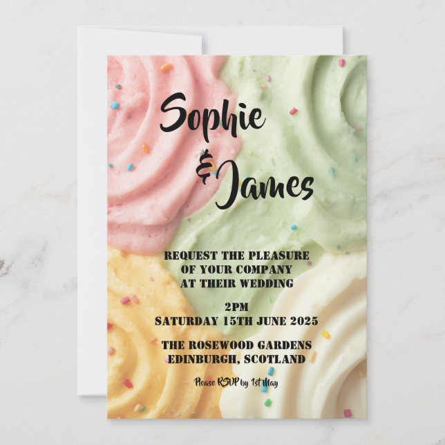 Invitación de boda divertida y colorida de cupcake (Anverso)