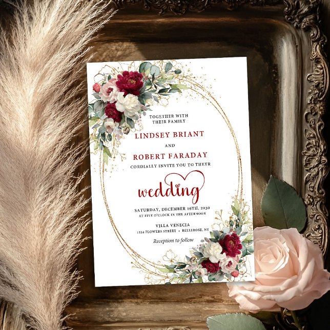 Invitación de boda dorada boho Borgoña (Burgundy Boho Chic Gold Wedding Invitation)