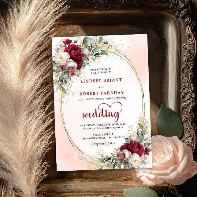 Invitación de boda dorada con flores de acuarela d (Burgundy Watercolor Floral Gold Wedding Invitation)