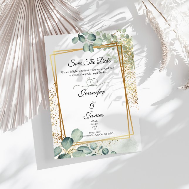 Invitación de boda dorada con follaje de eucalipto (Greenery wedding invitation)