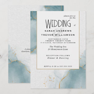 Invitación de boda dorada con polvo azul polvorien