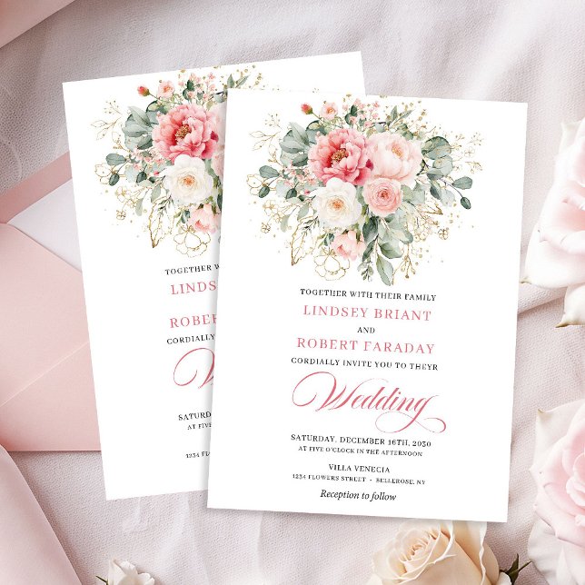 Invitación de boda dorada con vegetación de rubor  (Modern Blush Greenery Gold Wedding Invite)