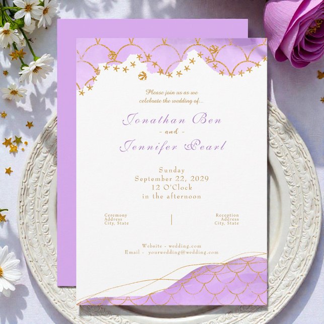 Invitación de boda dorada de sirena lavanda (Subido por el creador)
