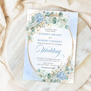 Invitación de boda dorada floral azul de caligrafí