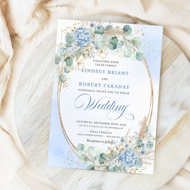 Invitación de boda dorada floral azul de caligrafí (Modern Calligraphy Blue Floral Gold Wedding Invitation)