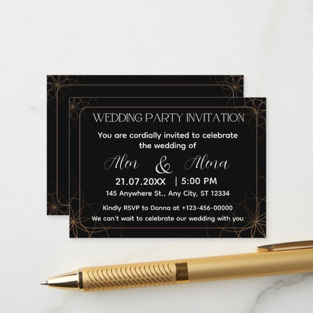 Invitación de boda dorada negra (Anverso/Reverso In Situ)