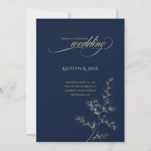 Invitación de boda dorada y azul marino