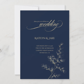 Invitación de boda dorada y azul marino