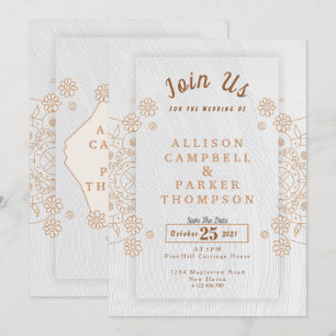 Invitación de boda dorada y blanca