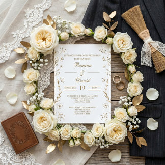 Invitación de boda dorada y española