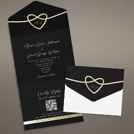 Invitación de boda dorada y negra todo en uno Mono