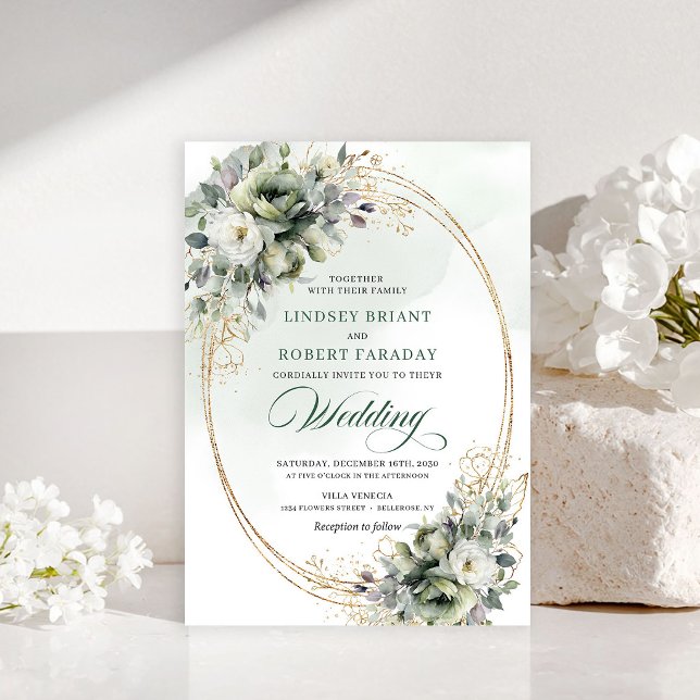 Invitación de boda dorada y verde trendy (Trendy greenery and gold wedding invitation)
