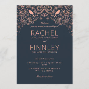 Invitación de boda dramática azul marino y coral