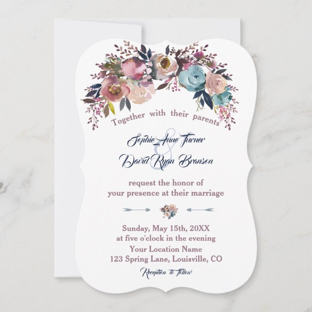 Invitación de boda | Duste Bouquet Floral Rosa Azu (Anverso)