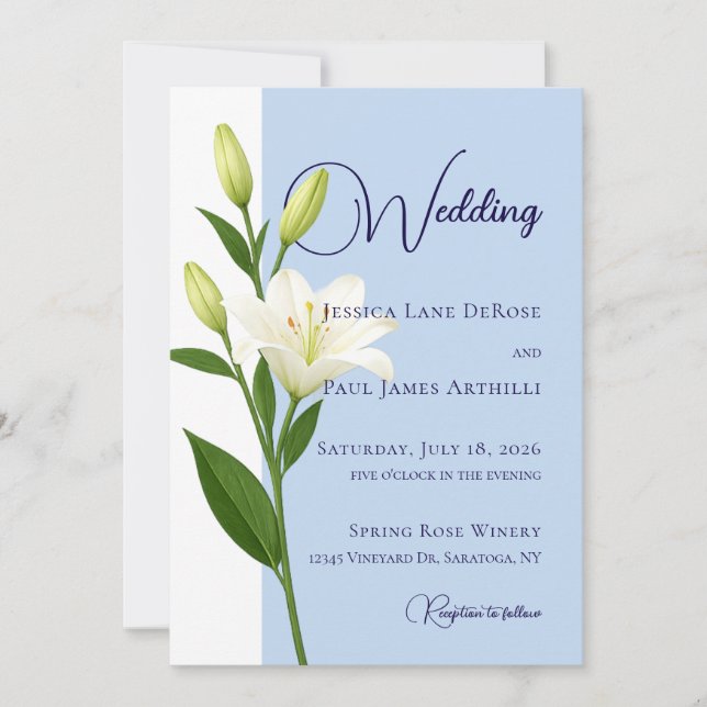 Invitación de boda Dusty Blue White Lilly (Anverso)