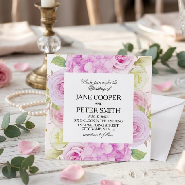 Invitación de boda económica con flores rosadas y  (Subido por el creador)