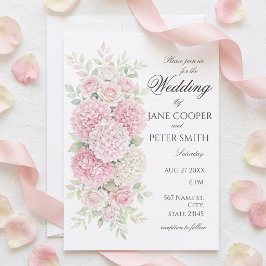 Invitación de boda económica con hortensias y rosa