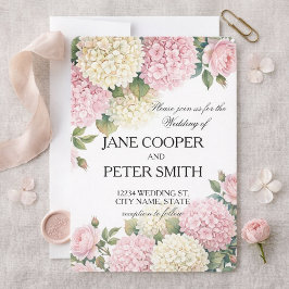 Invitación de boda económica con hortensias y rosa
