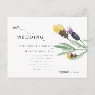 Invitación de boda económica floral amarilla y lav