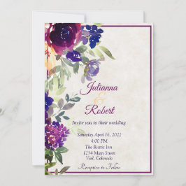 Invitación de boda económica floral rosa y púrpura