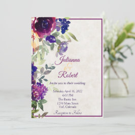 Invitación de boda económica floral rosa y púrpura