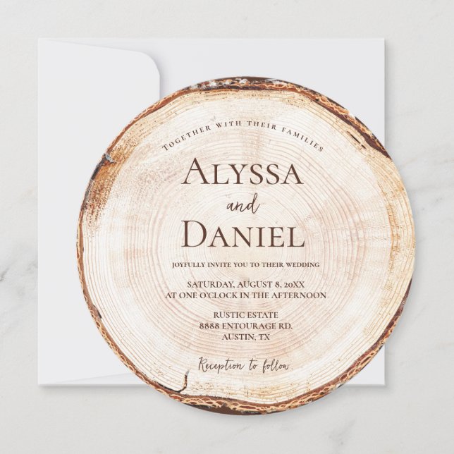 Invitación de boda editable de rebanada de madera  (Anverso)