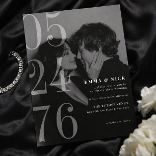 Invitación de boda Editorial Bold Fecha Negra y Bl