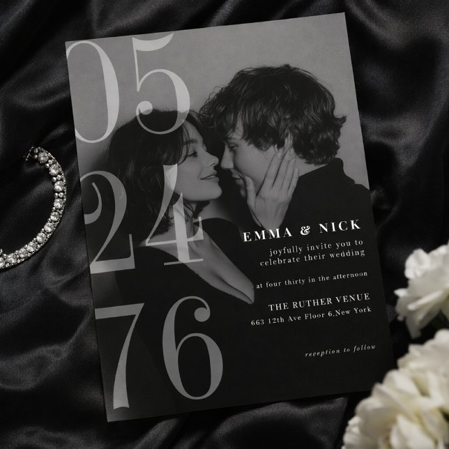 Invitación de boda Editorial Bold Fecha Negra y Bl (Subido por el creador)