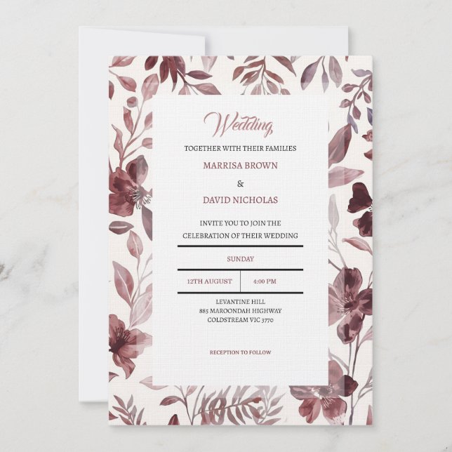 Invitación de boda elegancia botánica de Borgoña (Anverso)