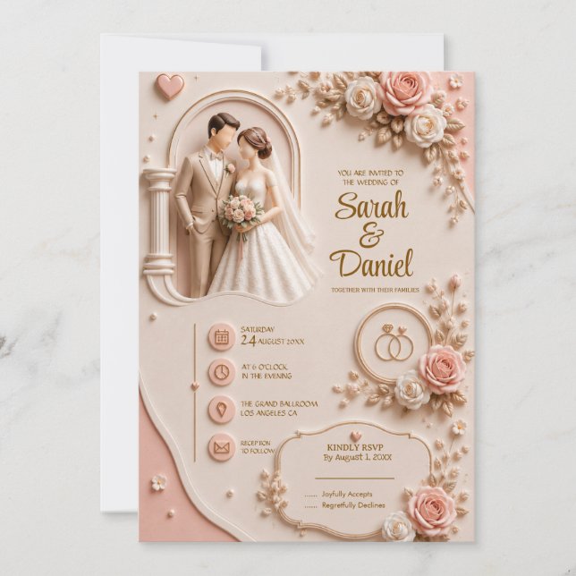 Invitación de boda elegante 3D en rosa suave (PERS (Anverso)