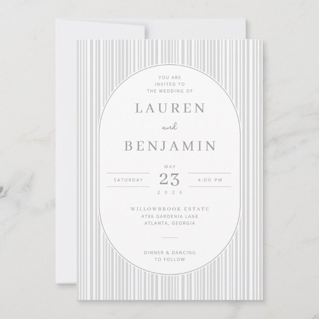 Invitación de boda elegante a rayas grises (Anverso)