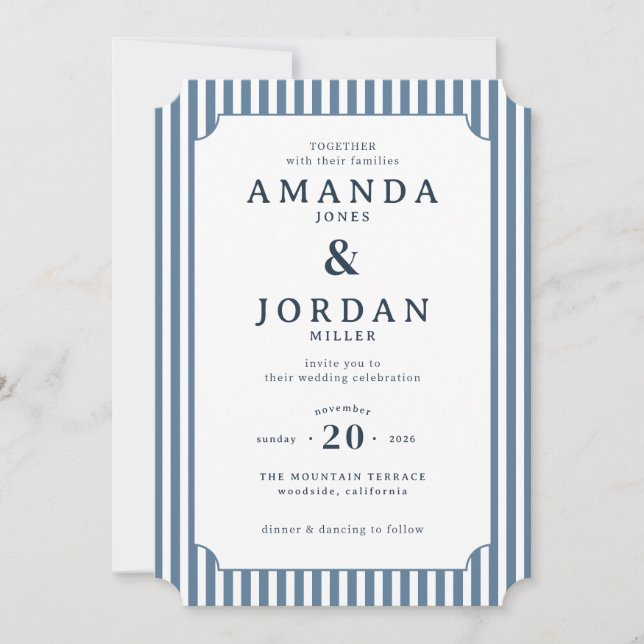 Invitación de boda elegante a rayas navales (Anverso)