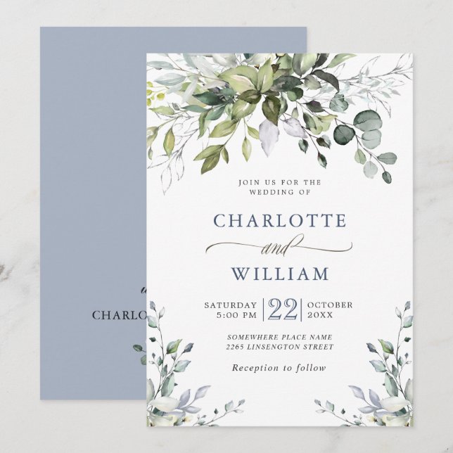 Invitación de Boda Elegante Acuarela Eucalipto Ver (Anverso / Reverso)