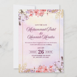 Invitación de boda elegante acuarela rosa y púrpur
