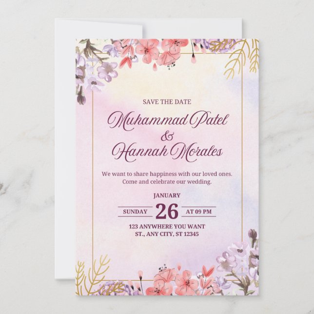 Invitación de boda elegante acuarela rosa y púrpur (Anverso)