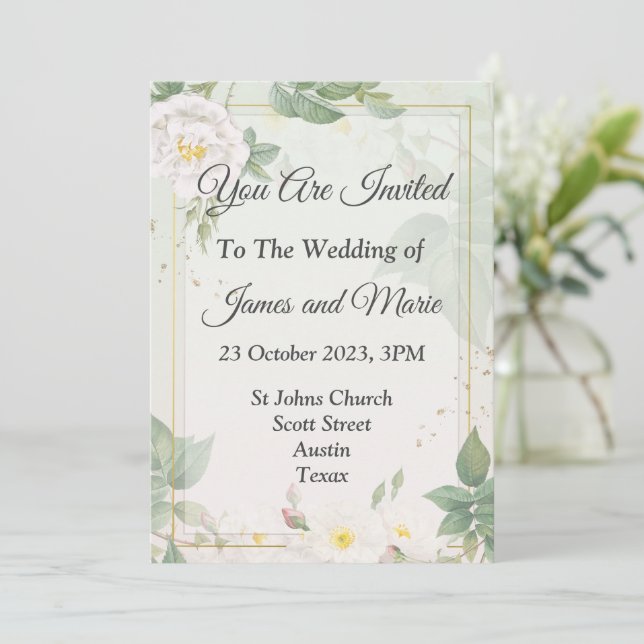 Invitación de boda elegante, acuarela verde (Anverso de pie)