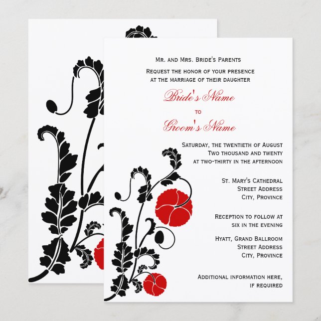 Invitación de boda elegante amapola roja (Anverso / Reverso)
