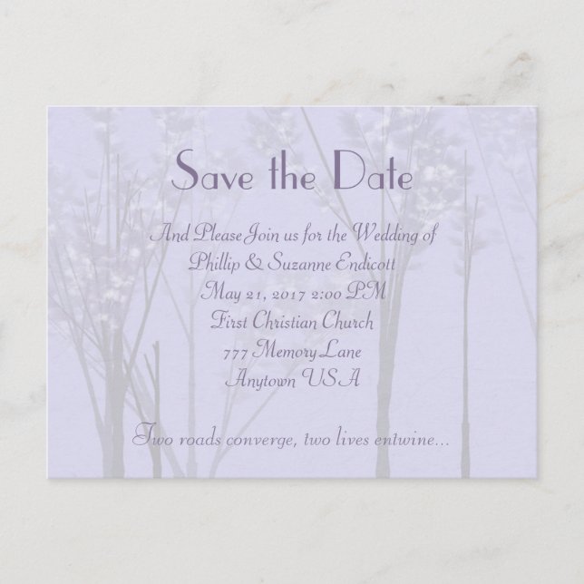Invitación de boda elegante arte de árbol lavanda (Anverso)
