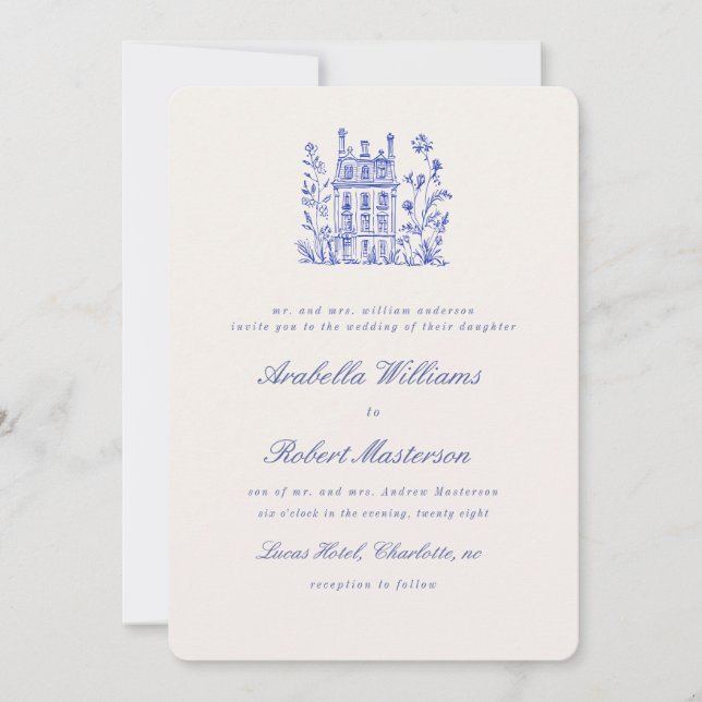 Invitación de boda elegante azul campo (Anverso)