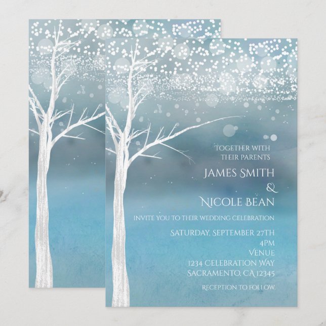 Invitación de Boda Elegante Azul de Invierno del Á (Anverso / Reverso)