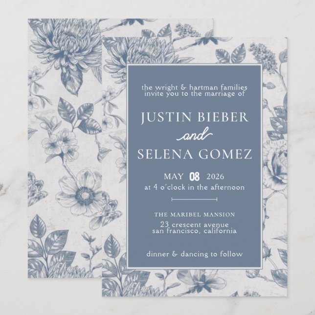 Invitación de boda elegante azul floral (Anverso / Reverso)