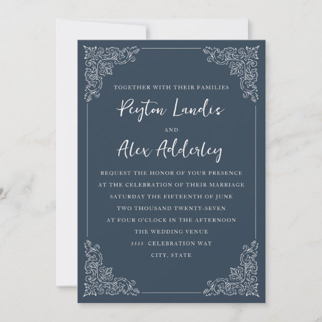 Invitación de boda elegante azul marino crema (Anverso)